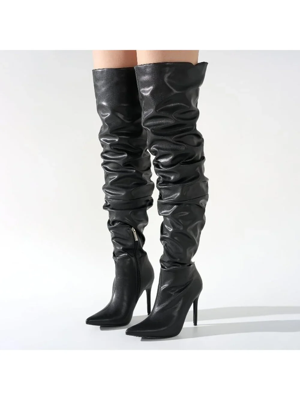 Women's Black Pointed Toe Thigh High Stiletto Heels Slouchy Over-the-Knee Boots